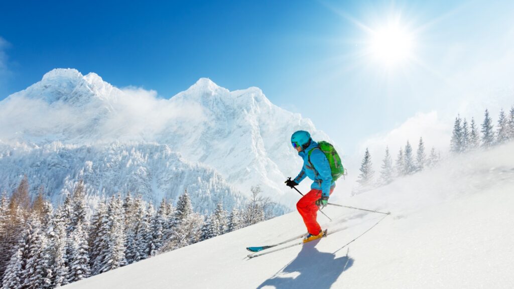 freeride skier in fresh powder snow running downhill picture id643021254
